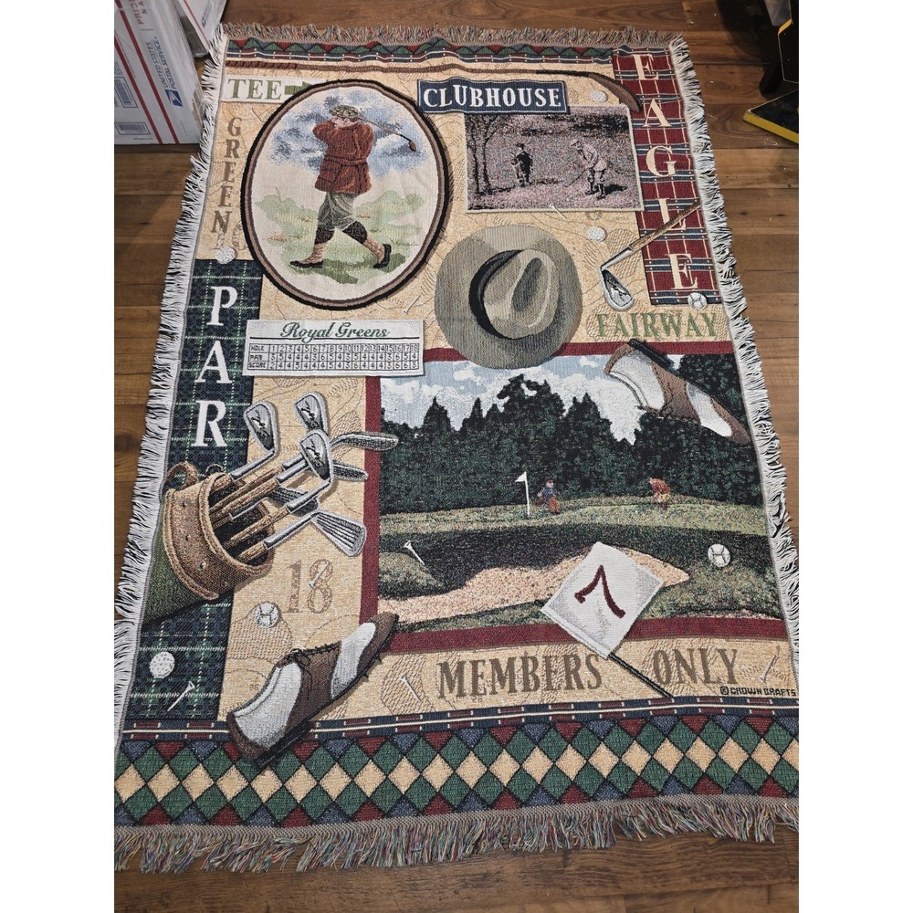 Vintage Golf Throw Blanket Clubhouse Member Eagle Par  Green Afghan 45"w x 70"